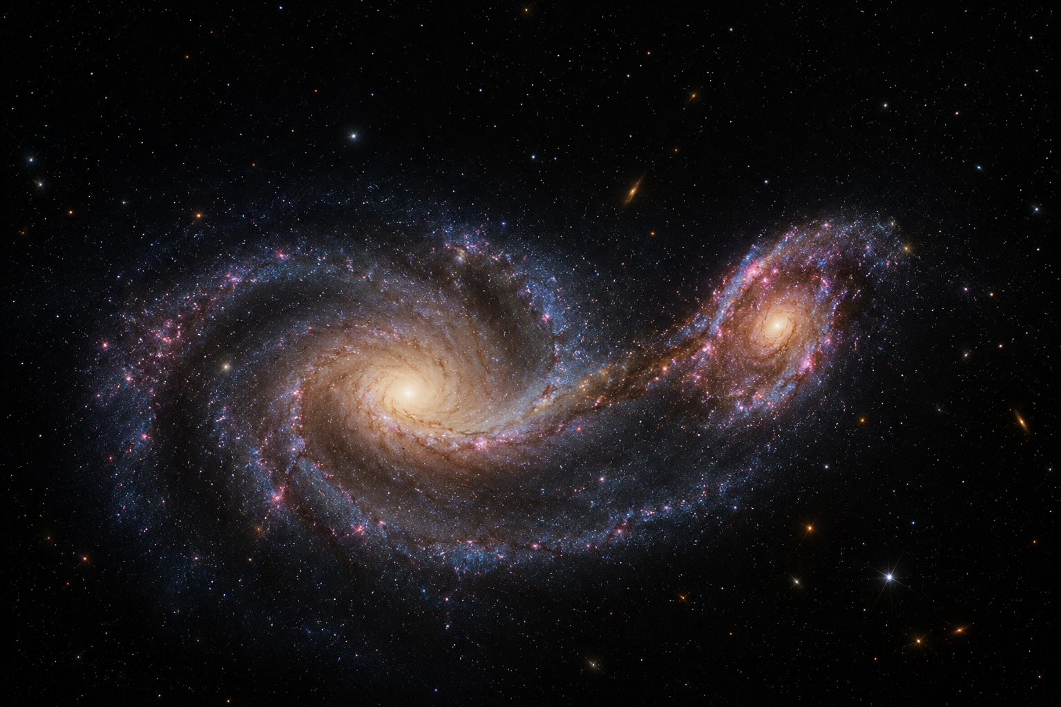 Artistic visualization of a smaller galaxy merging with a larger spiral galaxy