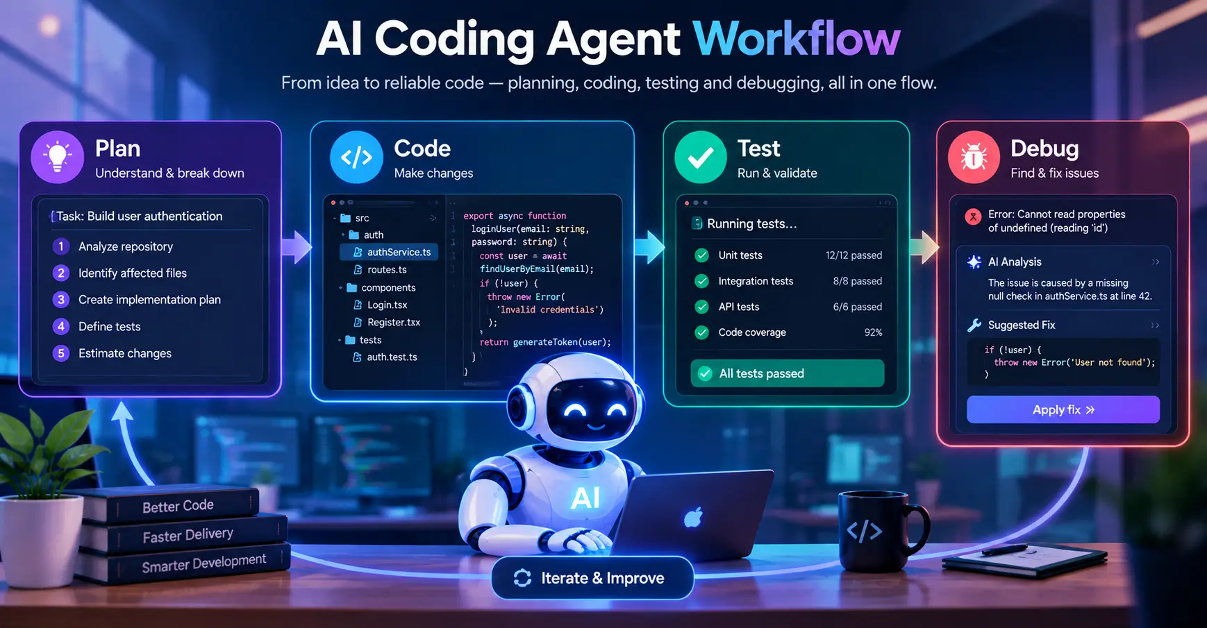 AI agent workflow from planning and coding to testing and debugging