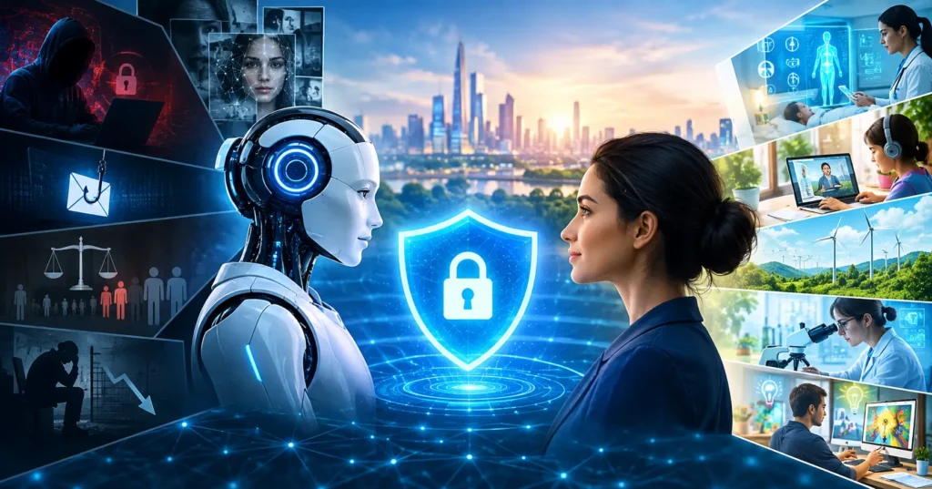 AI Safety in 2026 showing artificial intelligence risks, security and benefits