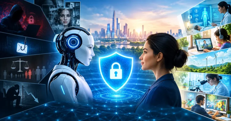 AI Safety in 2026 showing artificial intelligence risks, security and benefits