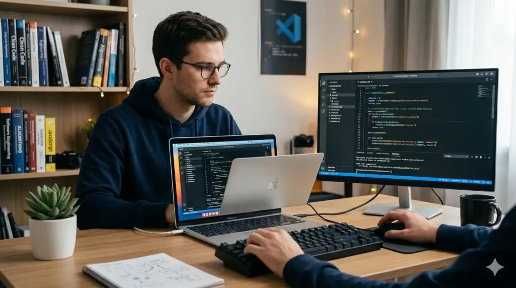 Best budget student programming setup showing dual monitors and coding laptop on a study desk