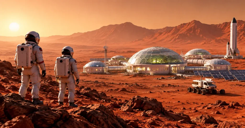 Future Mars colony with astronauts, habitats and solar panels