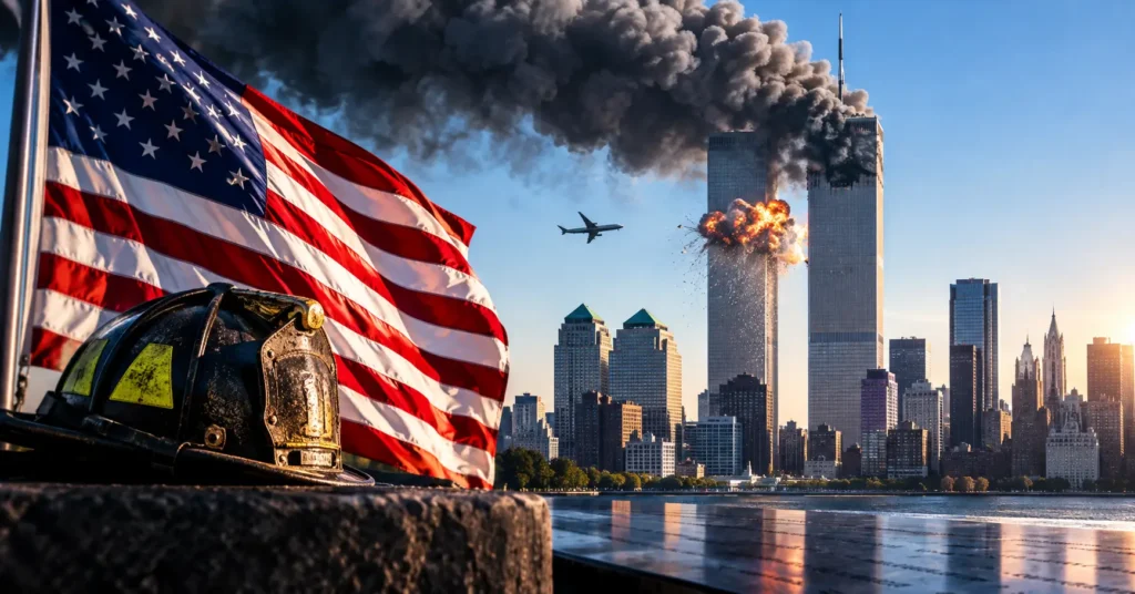 September 11 2001 9/11 attacks New York City skyline and firefighter helmet