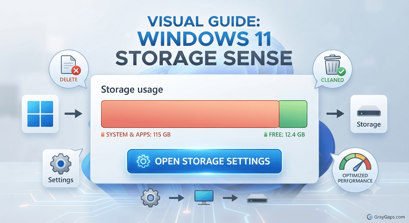Step-by-step visual guide showing how to clear C drive space in Windows 11 storage settings